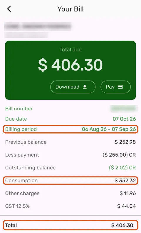 The Your Bill screen in the BEL 24/7 app, with the billing period, consumption and total circled