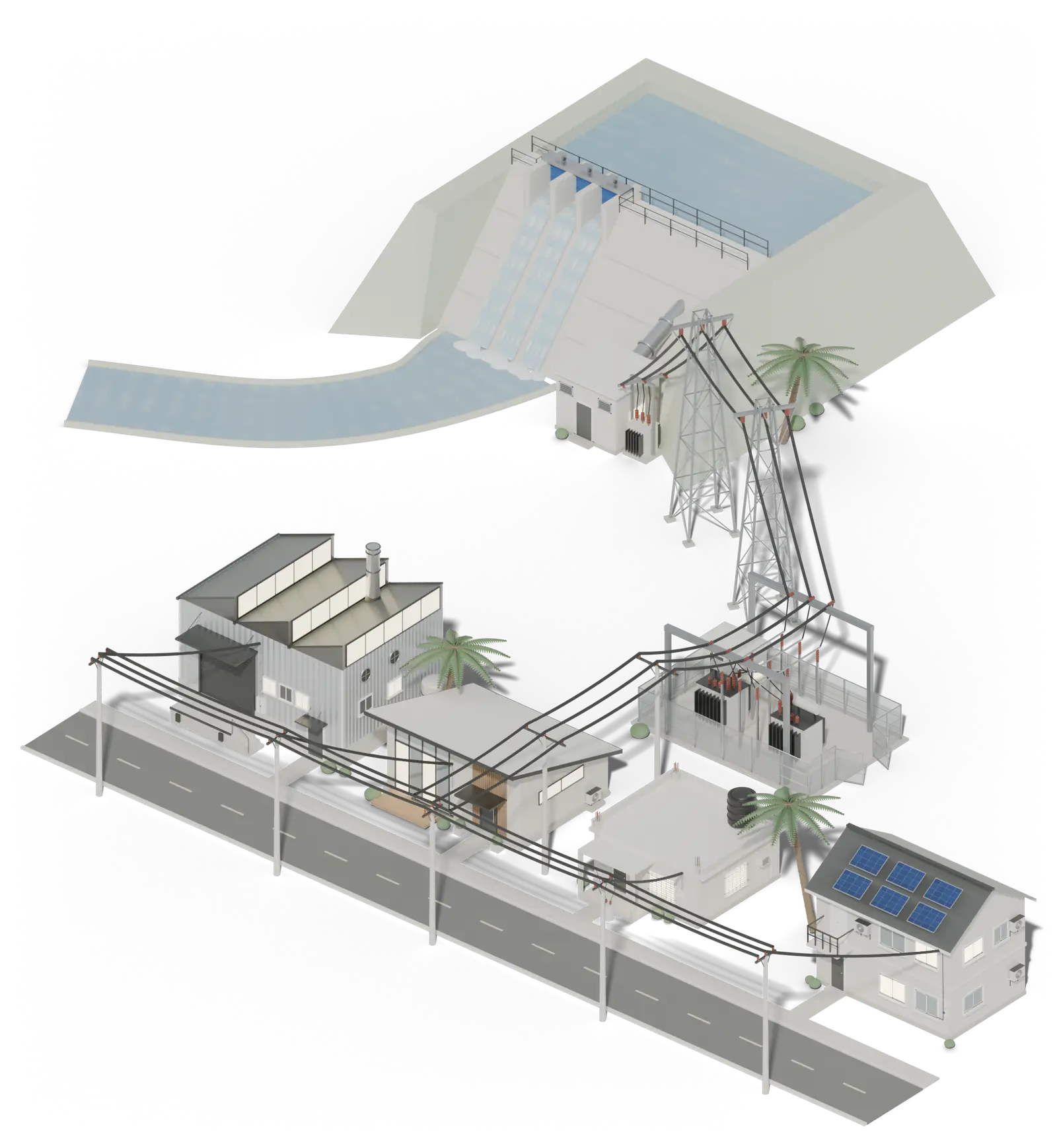 A dam with water pouring through its spillway, power lines running to a substation, and from there to a factory and three houses: a modern house, a concrete house with a flat slab roof, and a two-storey house with solar panels.